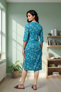 Teal Ikat Printed Lace Pure Cotton Straight Kurta with Tights Set