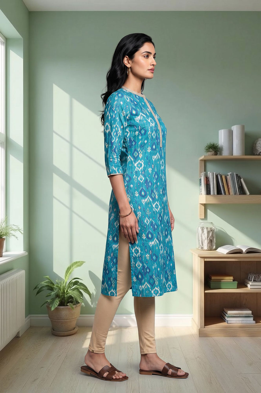 Teal Ikat Printed Lace Pure Cotton Straight Kurta with Tights Set