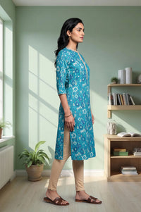 Teal Ikat Printed Lace Pure Cotton Straight Kurta with Tights Set