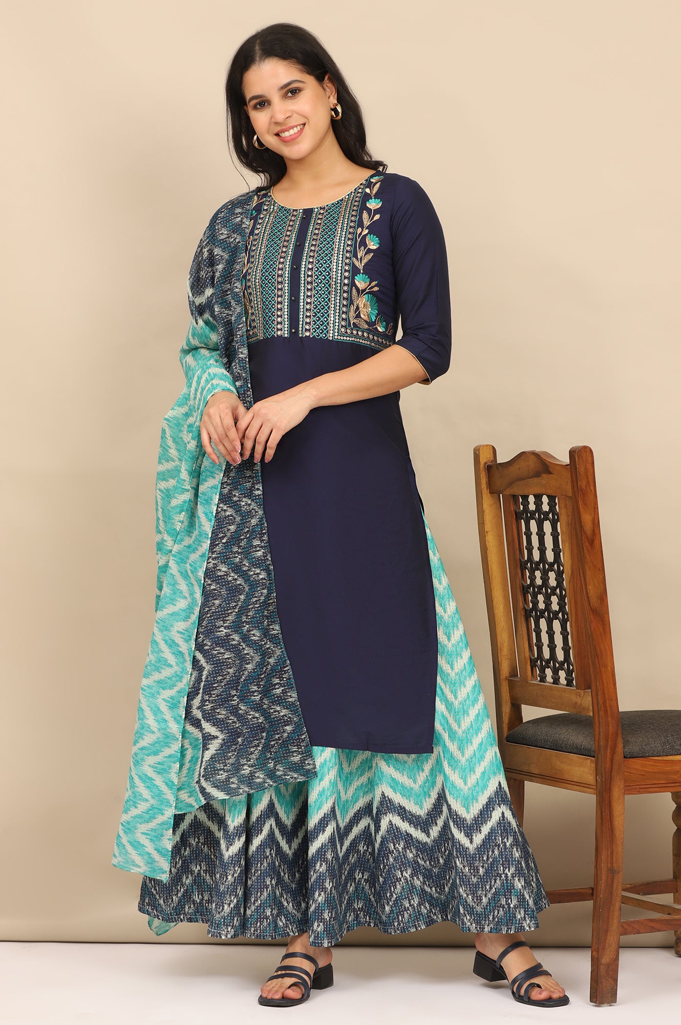 Blue Dori Embroidered Straight Kurta, Flared Palazzo and Dupatta Set