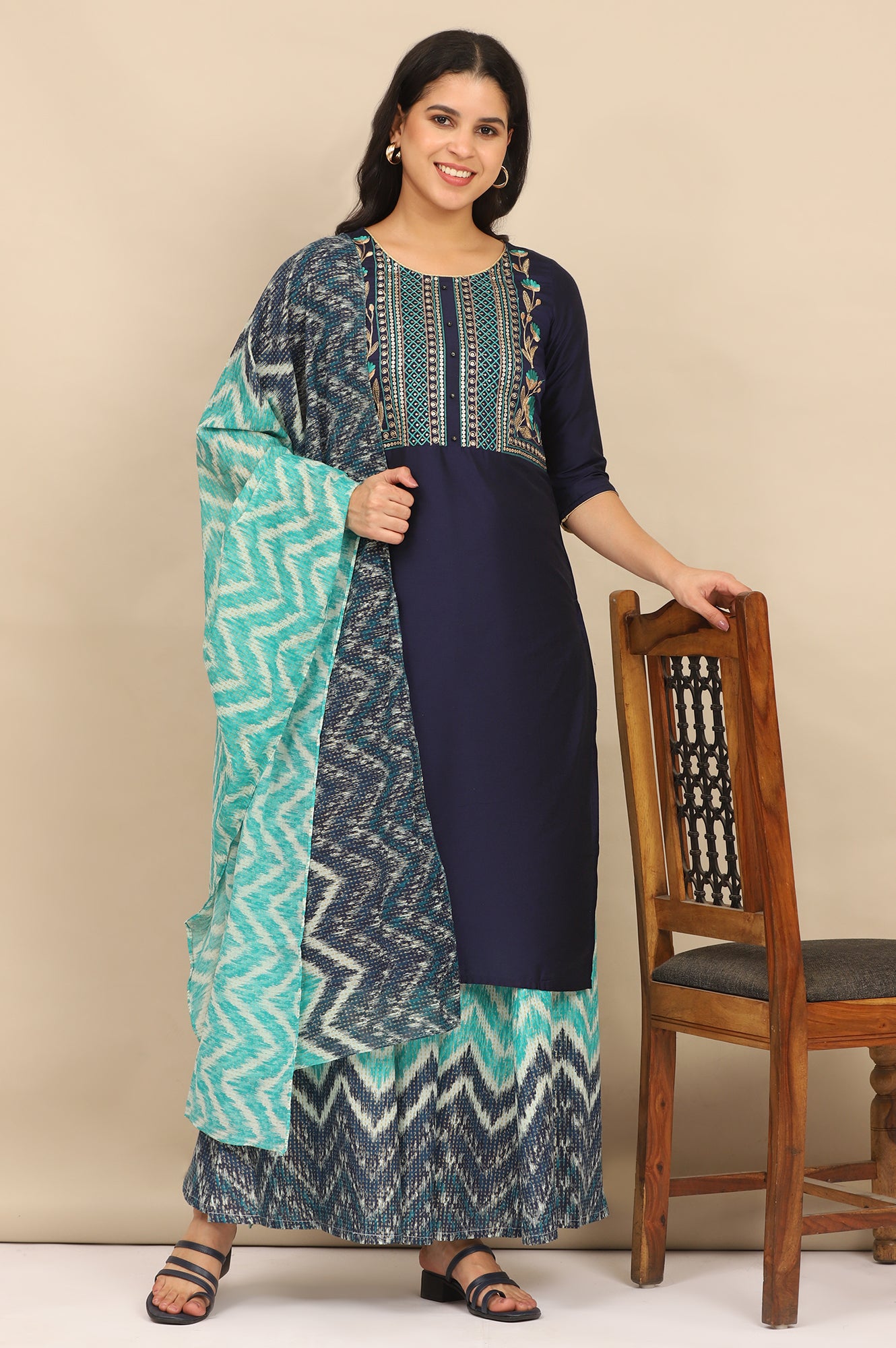 Blue Dori Embroidered Straight Kurta, Flared Palazzo and Dupatta Set