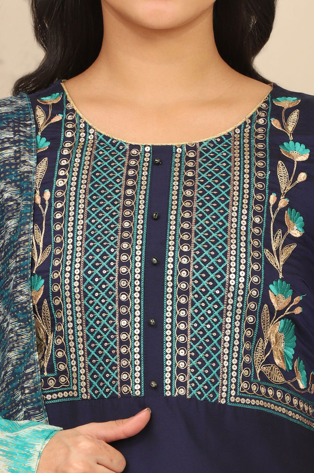 Navy Blue Thread Embroidered Straight Kurta with Palazzo Set