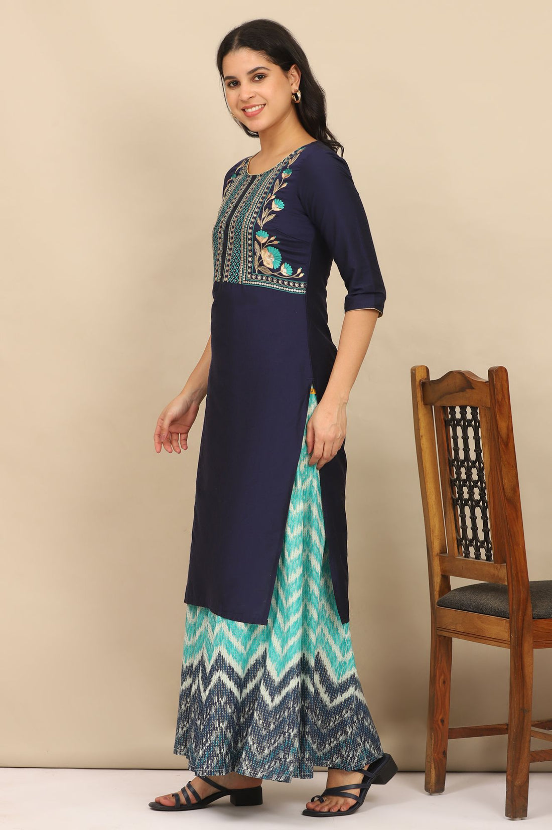 Navy Blue Thread Embroidered Straight Kurta with Palazzo Set