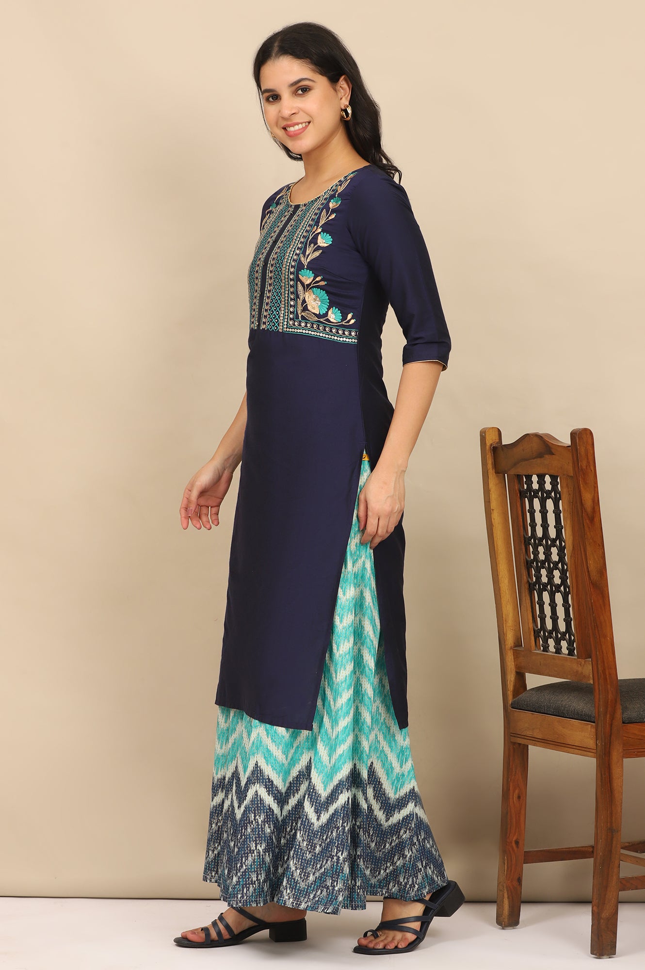 Blue Dori Embroidered Straight Kurta, Flared Palazzo and Dupatta Set