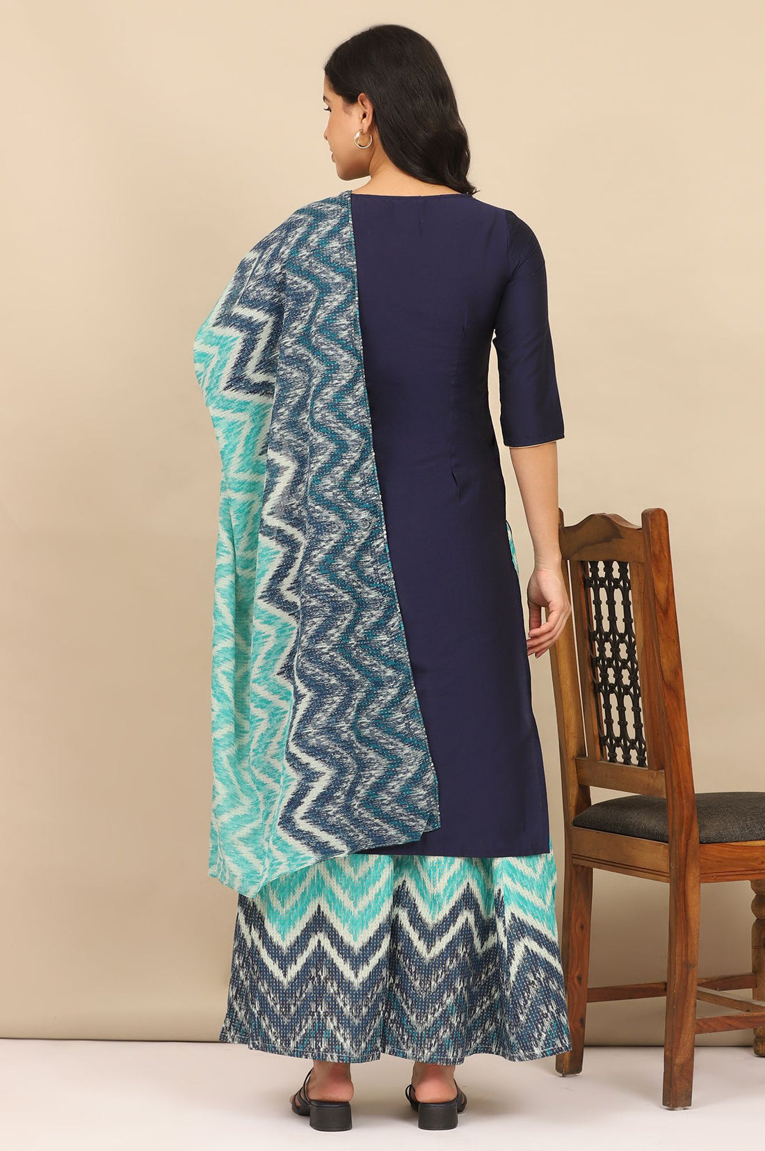 Navy Blue Thread Embroidered Straight Kurta with Palazzo Set