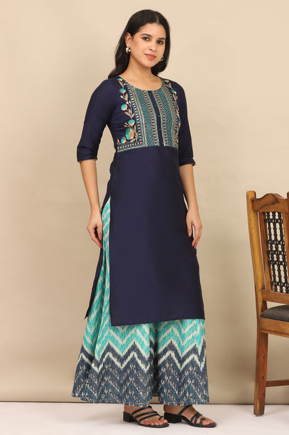 Blue Dori Embroidered Straight Kurta, Flared Palazzo and Dupatta Set