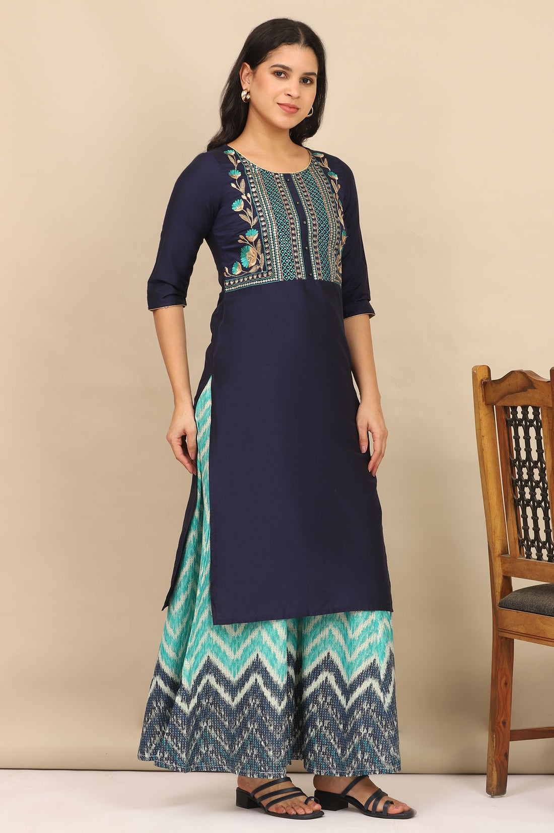 Navy Blue Thread Embroidered Straight Kurta with Palazzo Set