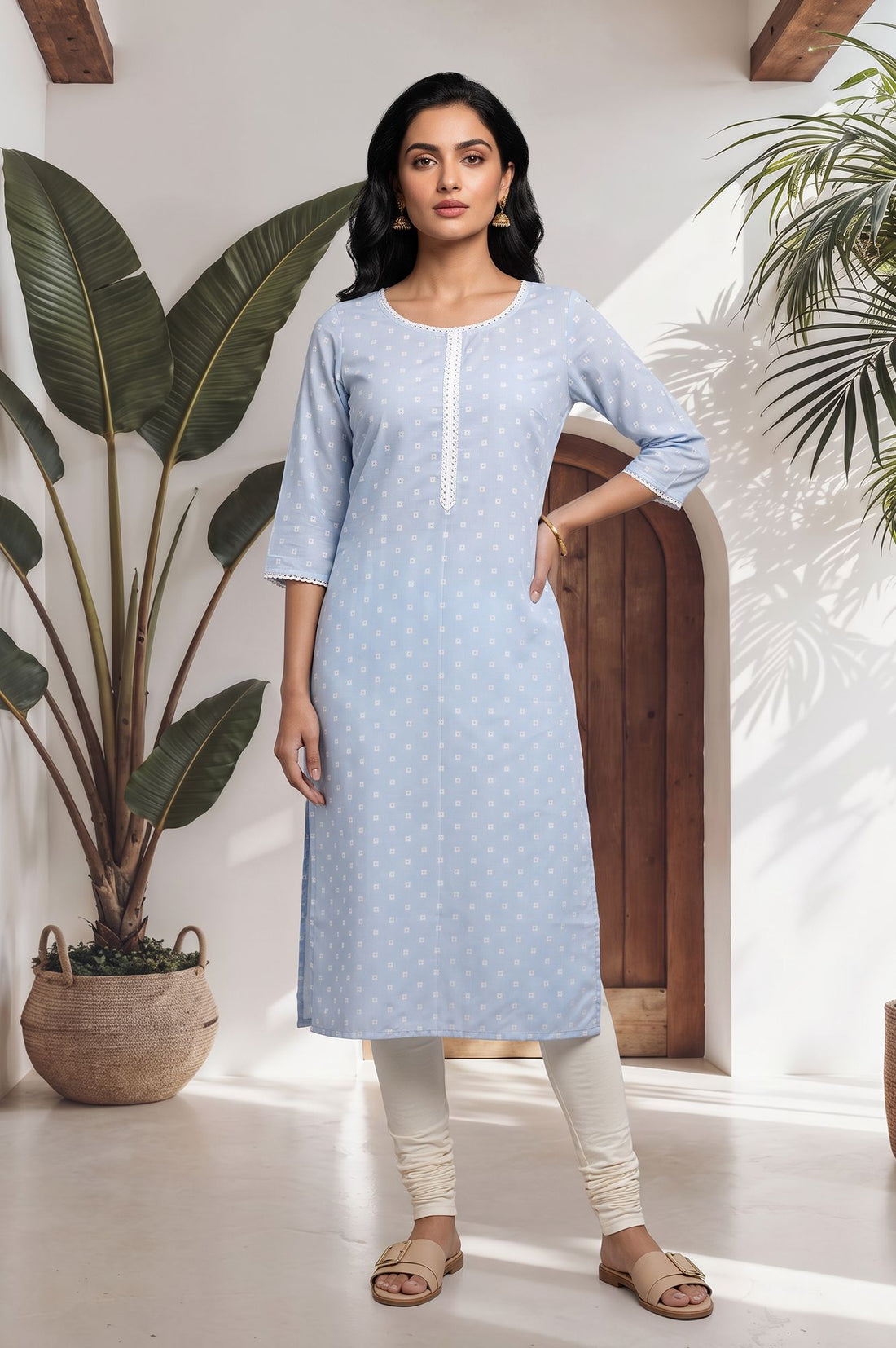 Blue Geometric Printed Lace Straight Kurta with Churidar Set