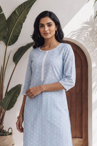 Blue Geometric Printed Lace Straight Kurta with Churidar Set