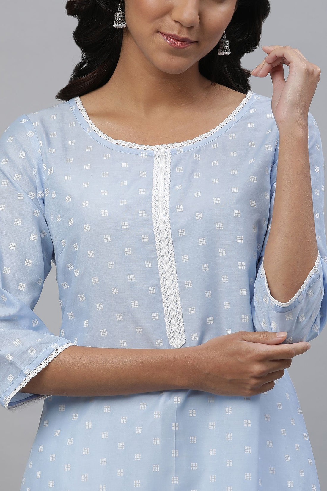 Blue Geometric Printed Lace Straight Kurta with Churidar Set