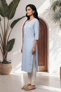 Blue Geometric Printed Lace Straight Kurta with Churidar Set
