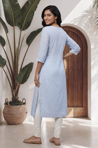 Blue Geometric Printed Lace Straight Kurta with Churidar Set