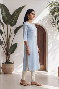 Blue Geometric Printed Lace Straight Kurta with Churidar Set