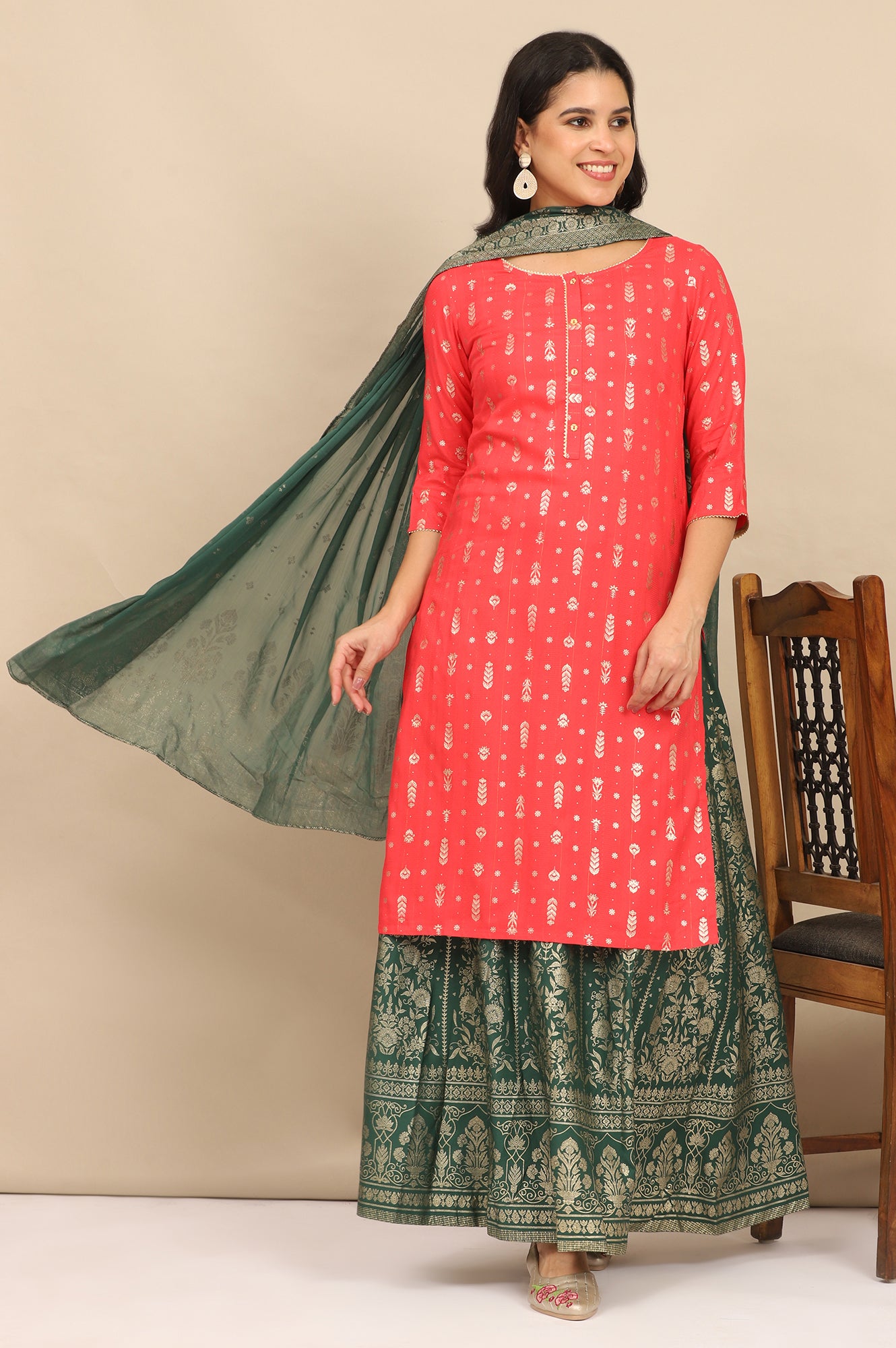 Pink Foil Printed Embellished Straight Kurta, Printed Skirt and Dupatta Set