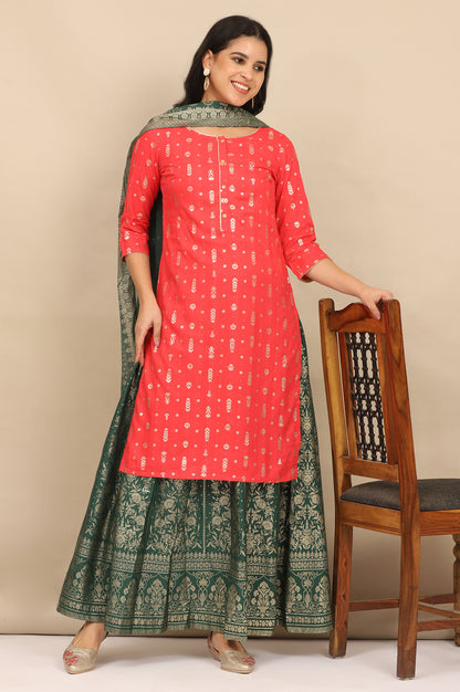 Pink Foil Printed Embellished Straight Kurta, Printed Skirt and Dupatta Set