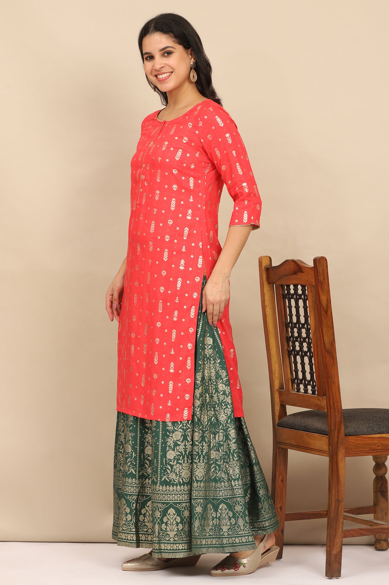 Pink Foil Printed Embellished Straight Kurta, Printed Skirt and Dupatta Set