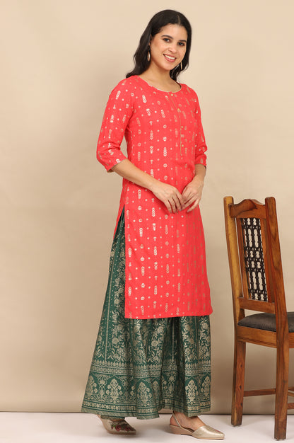 Pink Foil Printed Embellished Straight Kurta, Printed Skirt and Dupatta Set