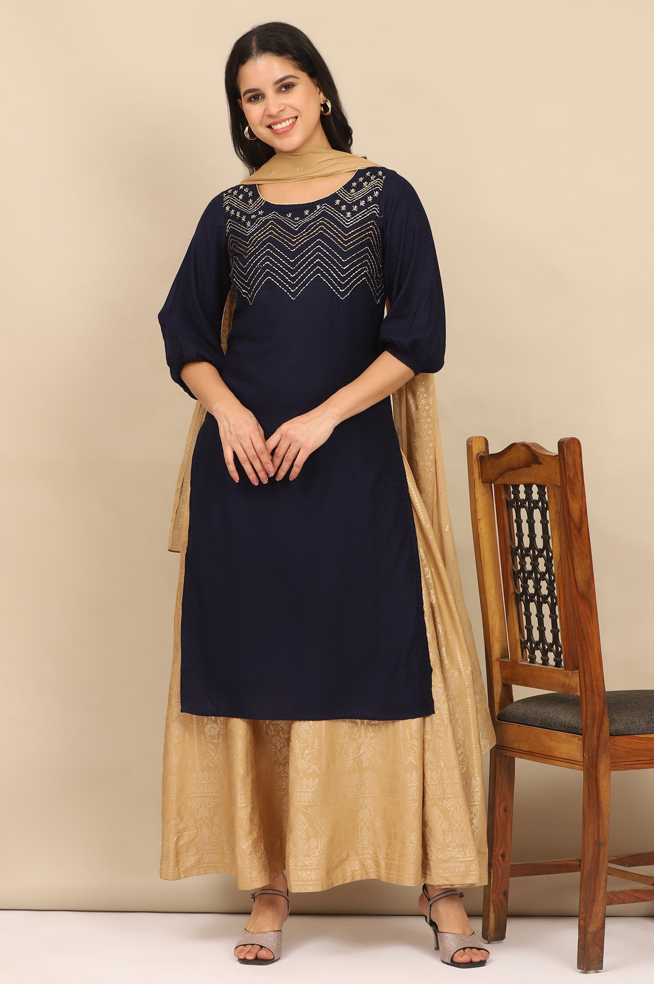 Blue Embroidered Textured Rayon Straight Kurta, Golden Printed Skirt and Dupatta Set