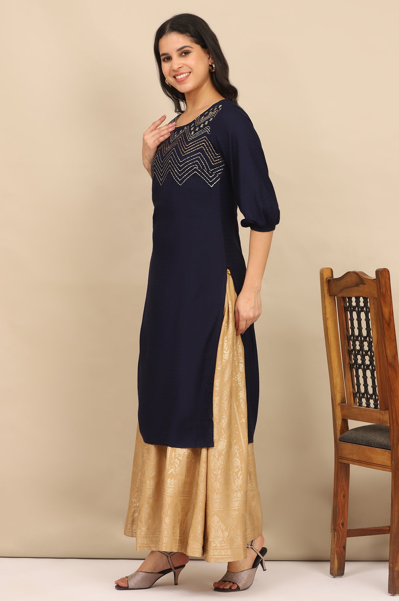 Blue Embroidered Textured Rayon Straight Kurta, Golden Printed Skirt and Dupatta Set