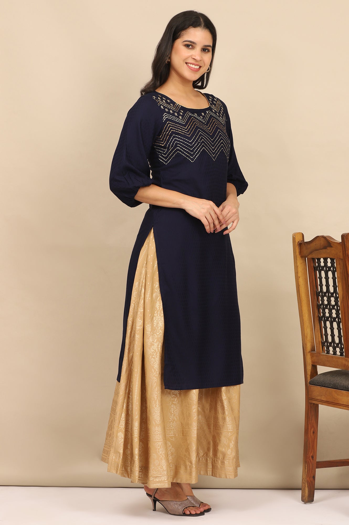 Blue Embroidered Textured Rayon Straight Kurta, Golden Printed Skirt and Dupatta Set