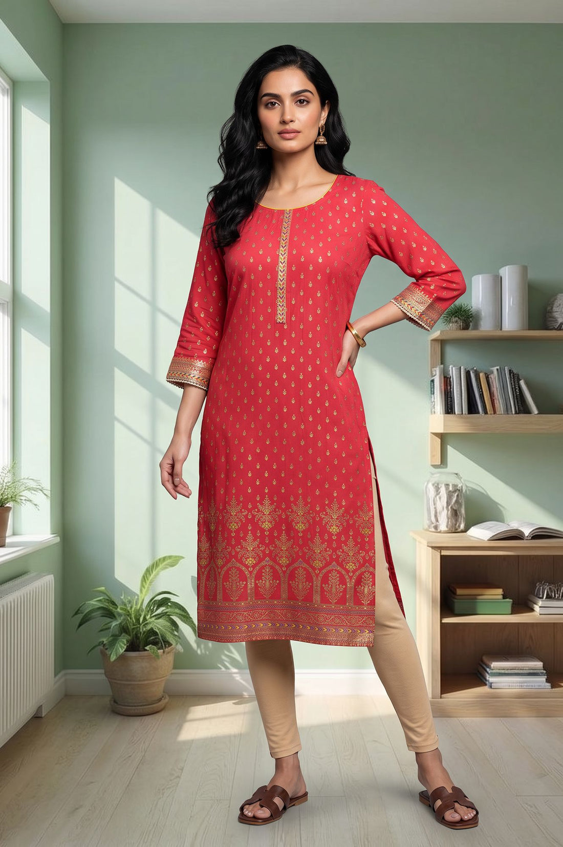 Red Embroidered Rayon Straight Kurta with Tights Set