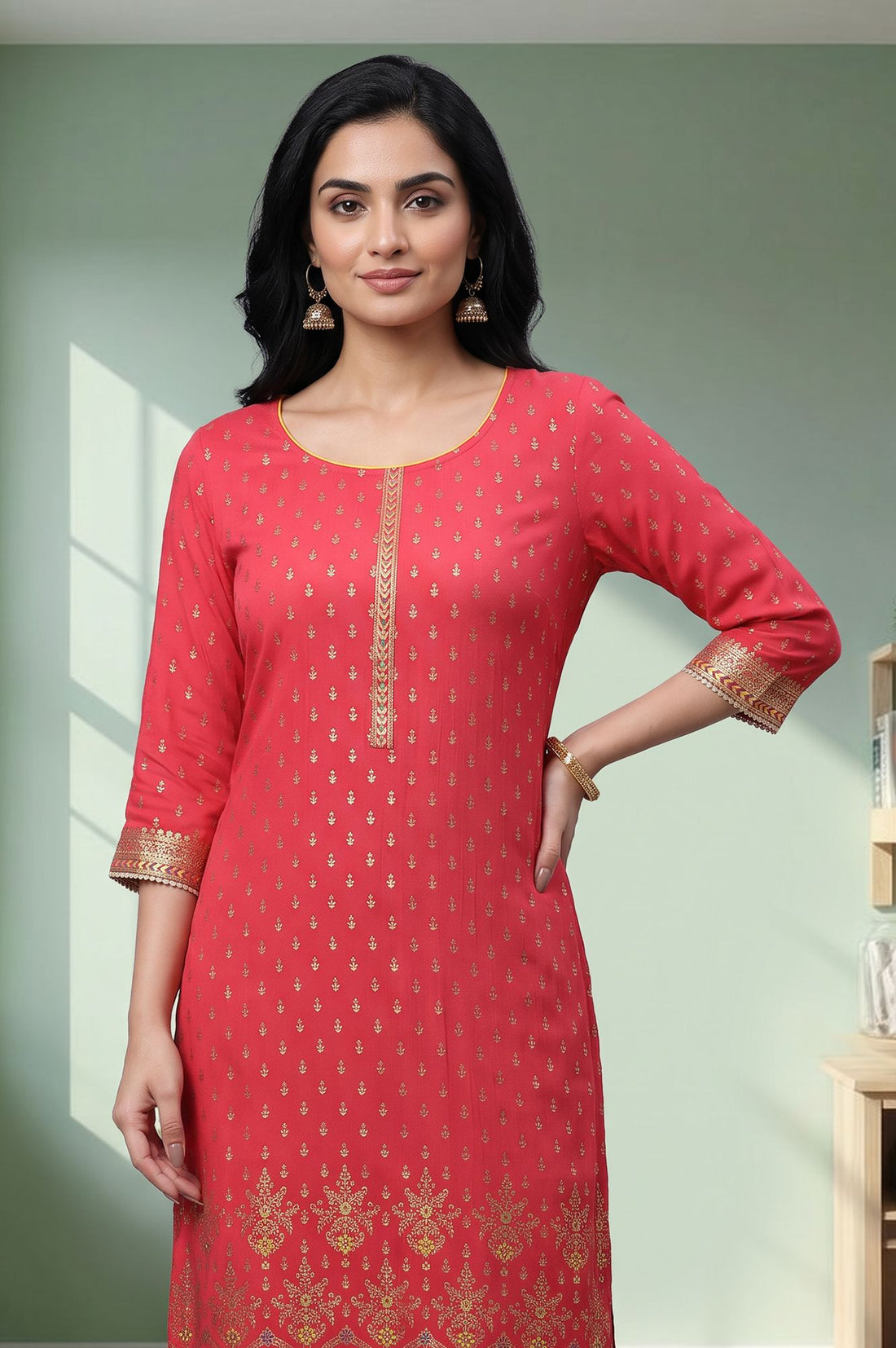 Red Embroidered Rayon Straight Kurta with Tights Set