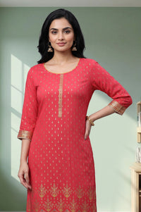 Red Embroidered Rayon Straight Kurta with Tights Set