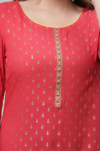 Red Embroidered Rayon Straight Kurta with Tights Set