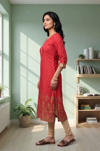 Red Embroidered Rayon Straight Kurta with Tights Set