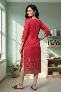 Red Embroidered Rayon Straight Kurta with Tights Set