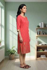 Red Embroidered Rayon Straight Kurta with Tights Set