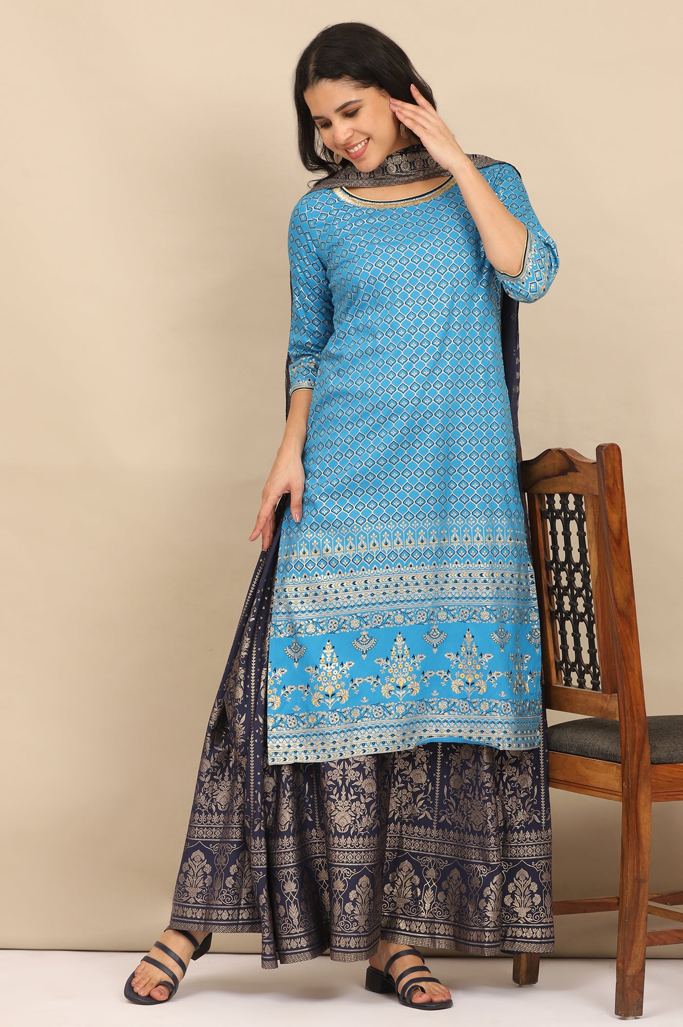 Blue Foil Printed Straight Kurta and Skirt Set with Dupatta