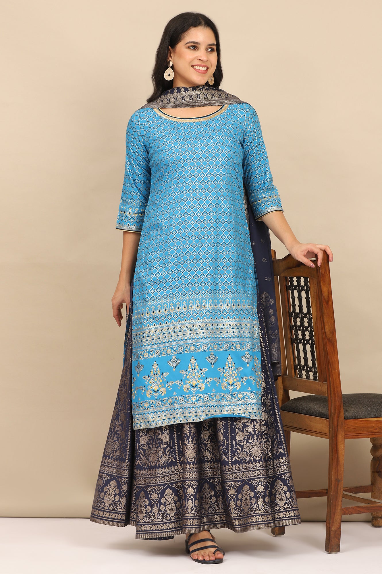 Blue Foil Printed Straight Kurta and Skirt Set with Dupatta