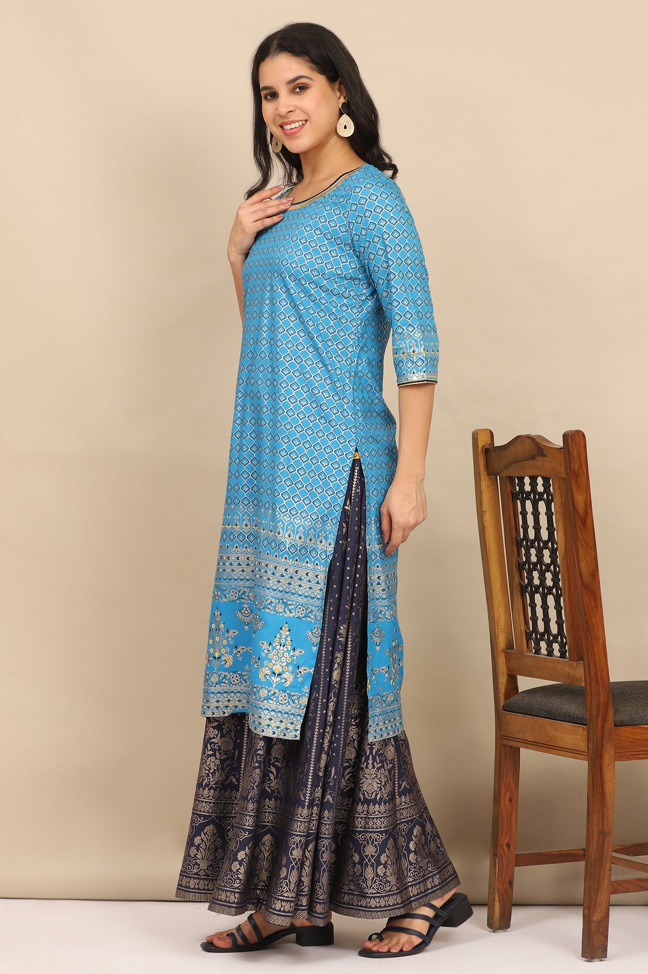 Blue Foil Printed Straight Kurta and Skirt Set with Dupatta