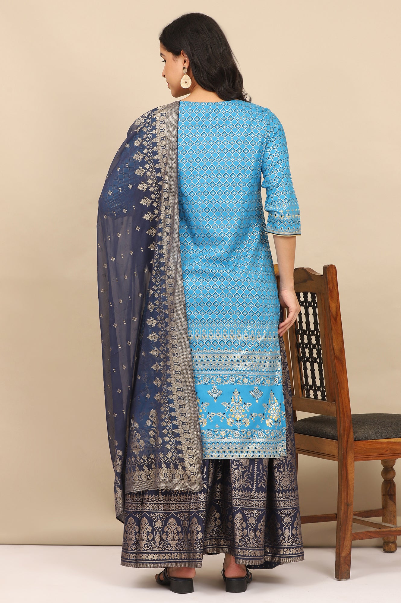 Blue Foil Printed Straight Kurta and Skirt Set with Dupatta