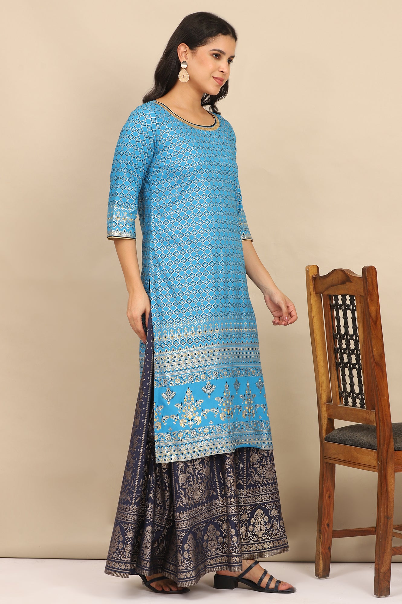 Blue Foil Printed Straight Kurta and Skirt Set with Dupatta