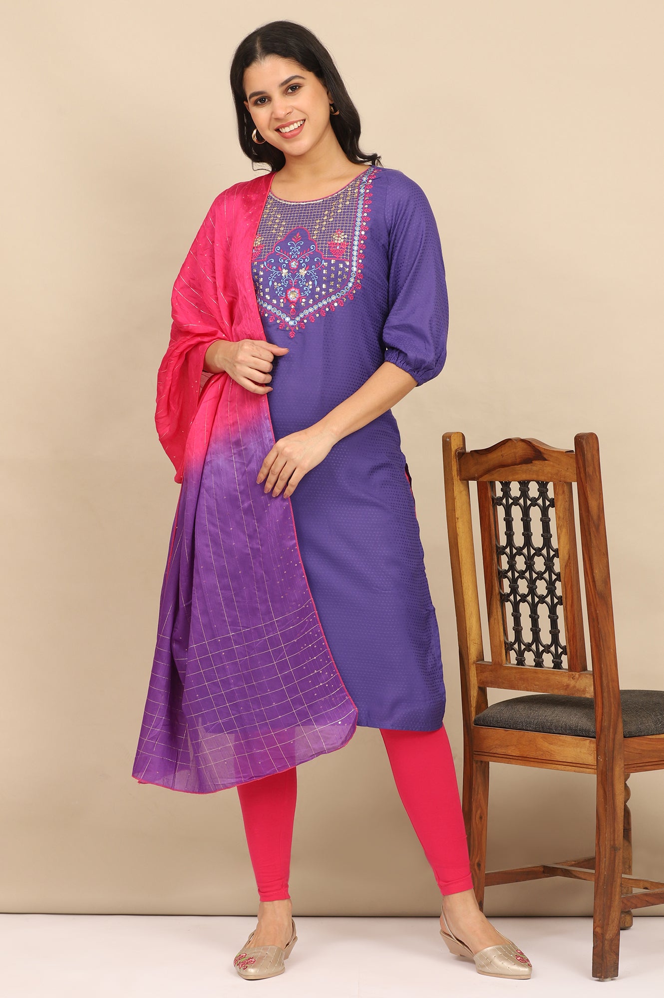 Blue Zari Embroidered Straight Kurta, Leggings and Dupatta Set