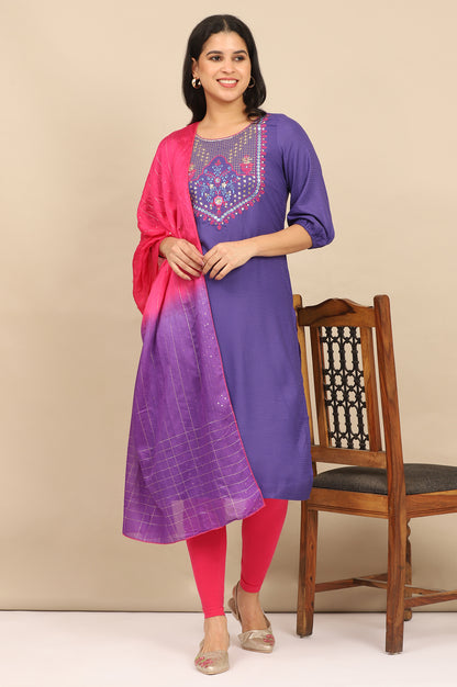 Blue Zari Embroidered Straight Kurta, Leggings and Dupatta Set