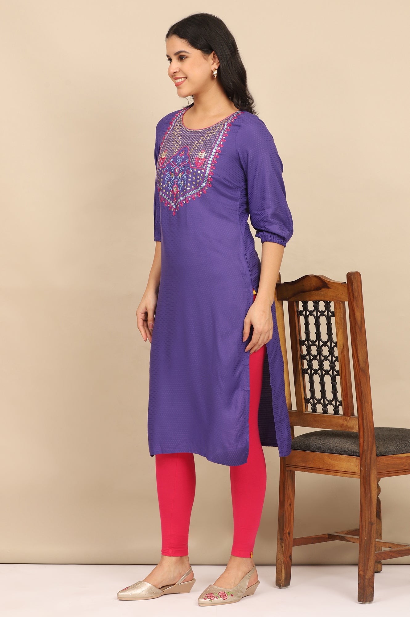 Blue Zari Embroidered Straight Kurta, Leggings and Dupatta Set