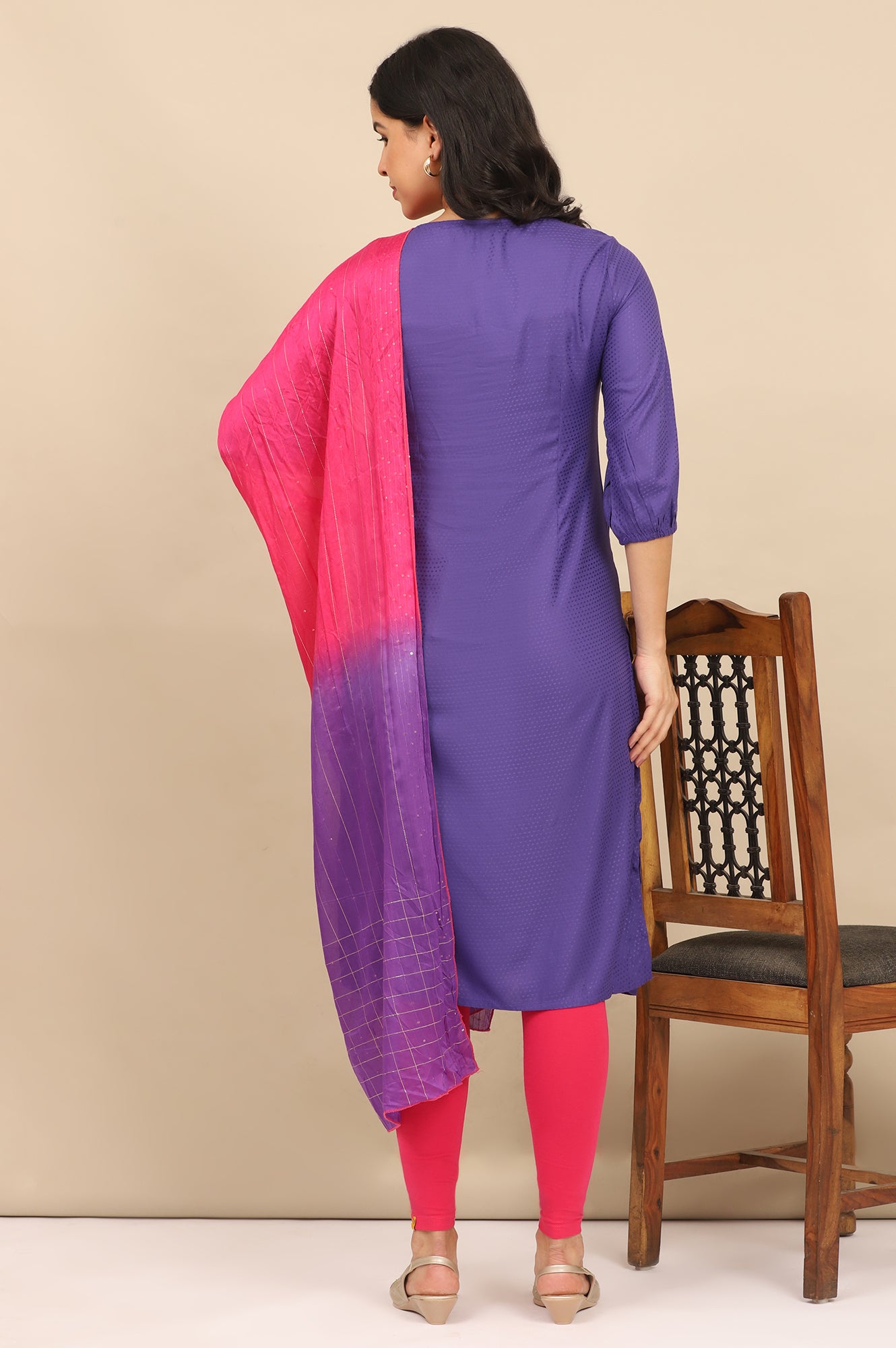 Blue Zari Embroidered Straight Kurta, Leggings and Dupatta Set