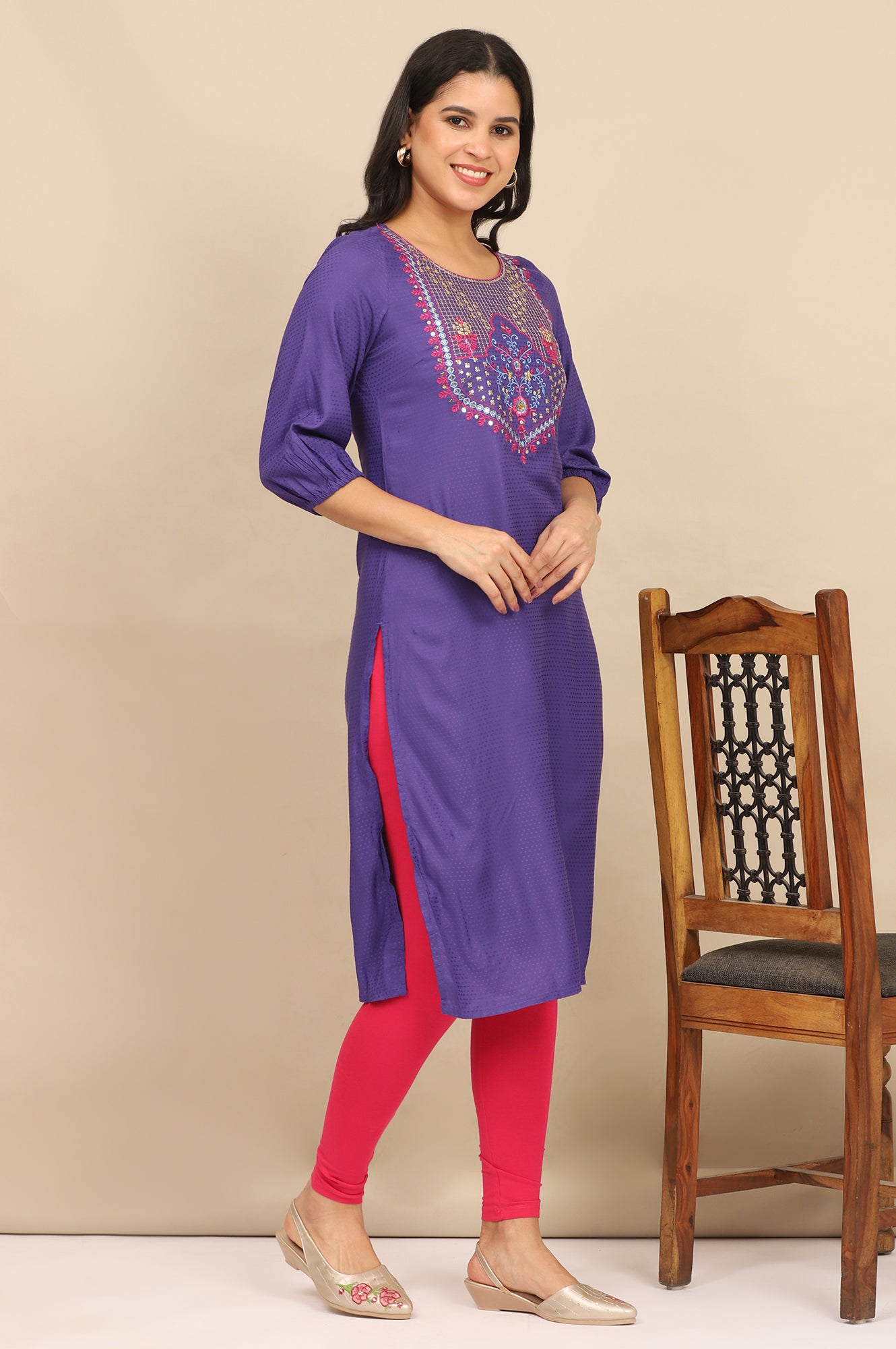 Blue Zari Embroidered Straight Kurta, Leggings and Dupatta Set