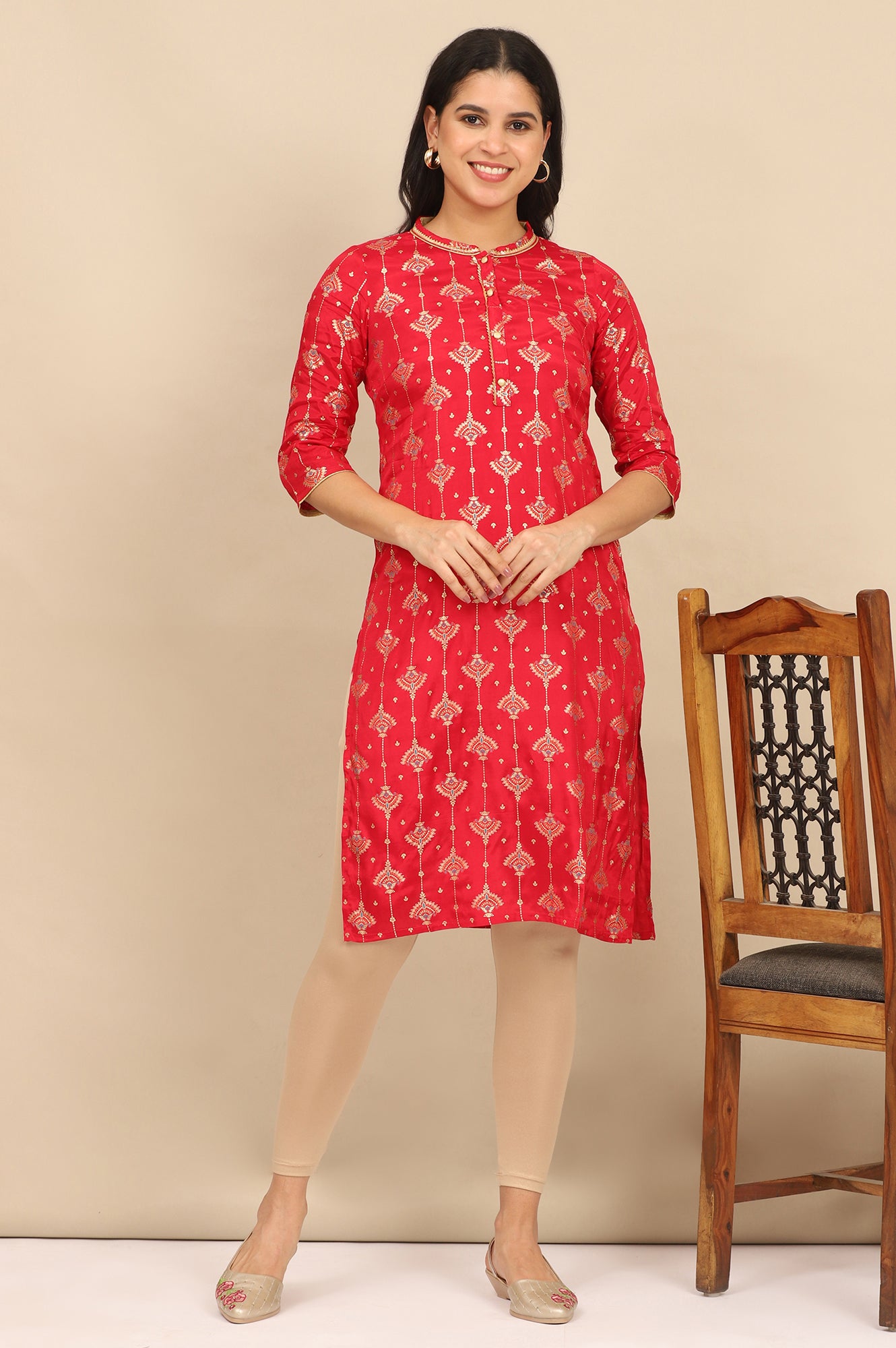 Red Foil Printed Lace Embellished Straight Kurta and Leggings Set