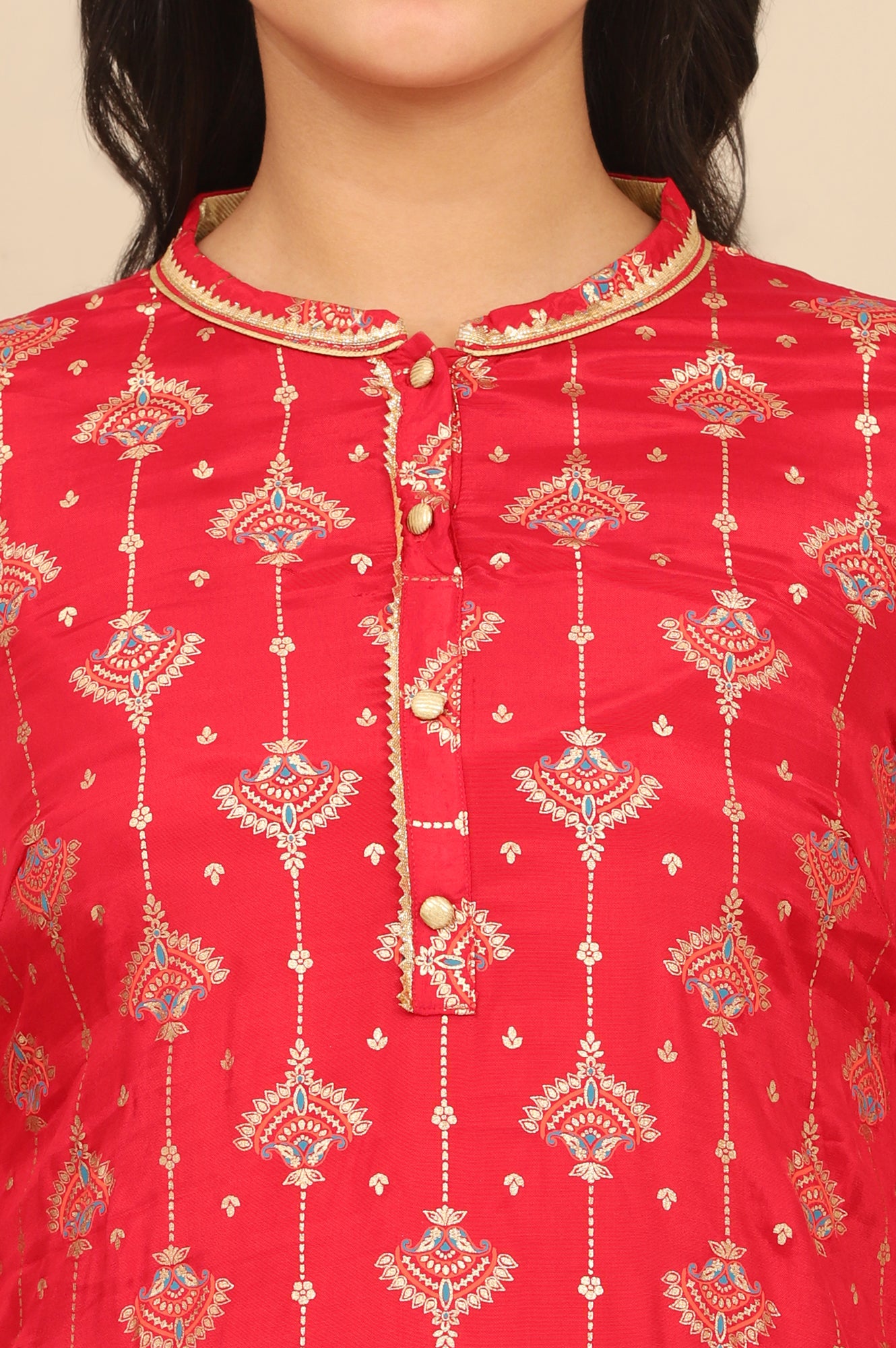 Red Foil Printed Lace Embellished Straight Kurta and Leggings Set