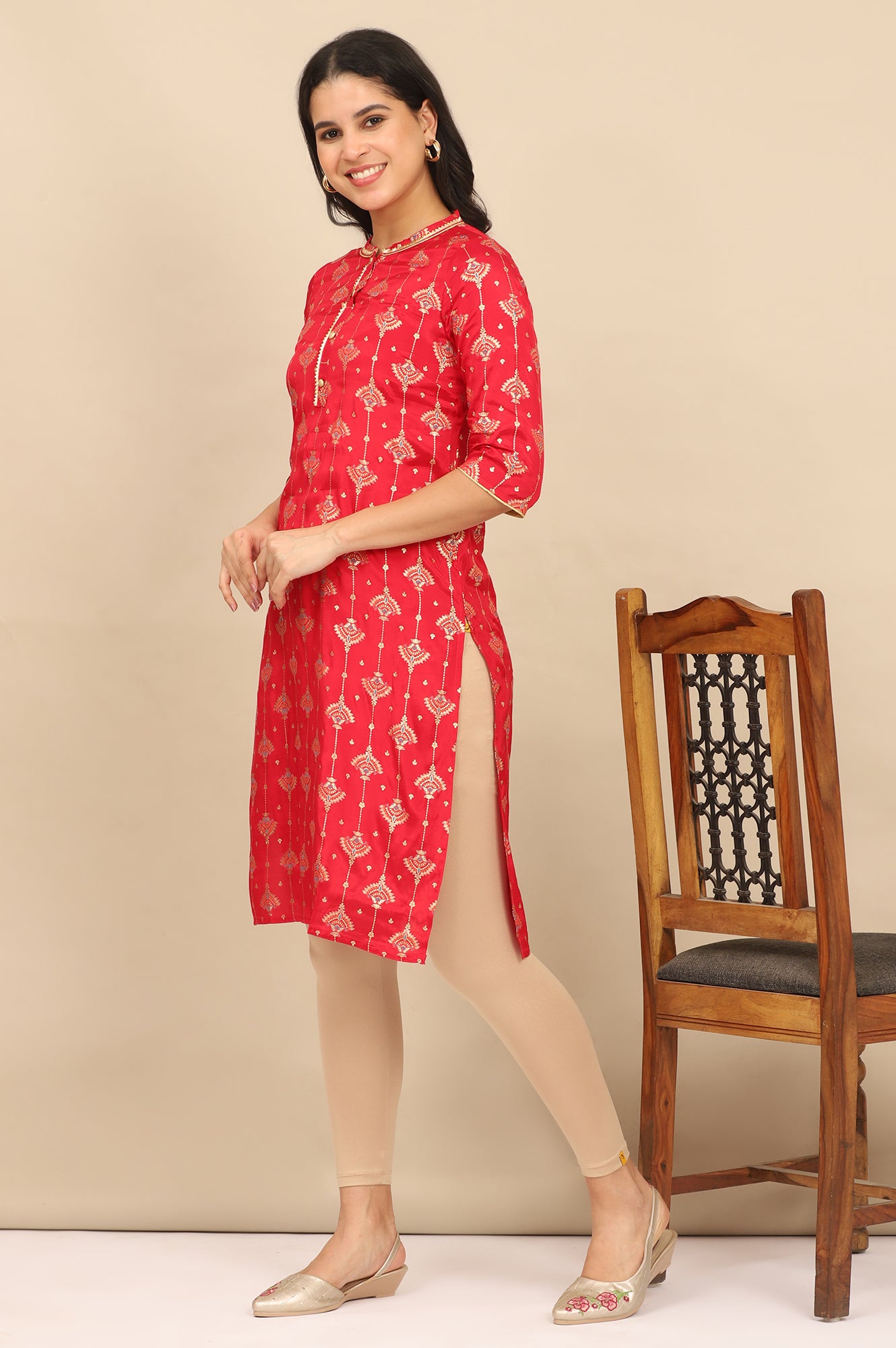 Red Foil Printed Lace Embellished Straight Kurta and Leggings Set