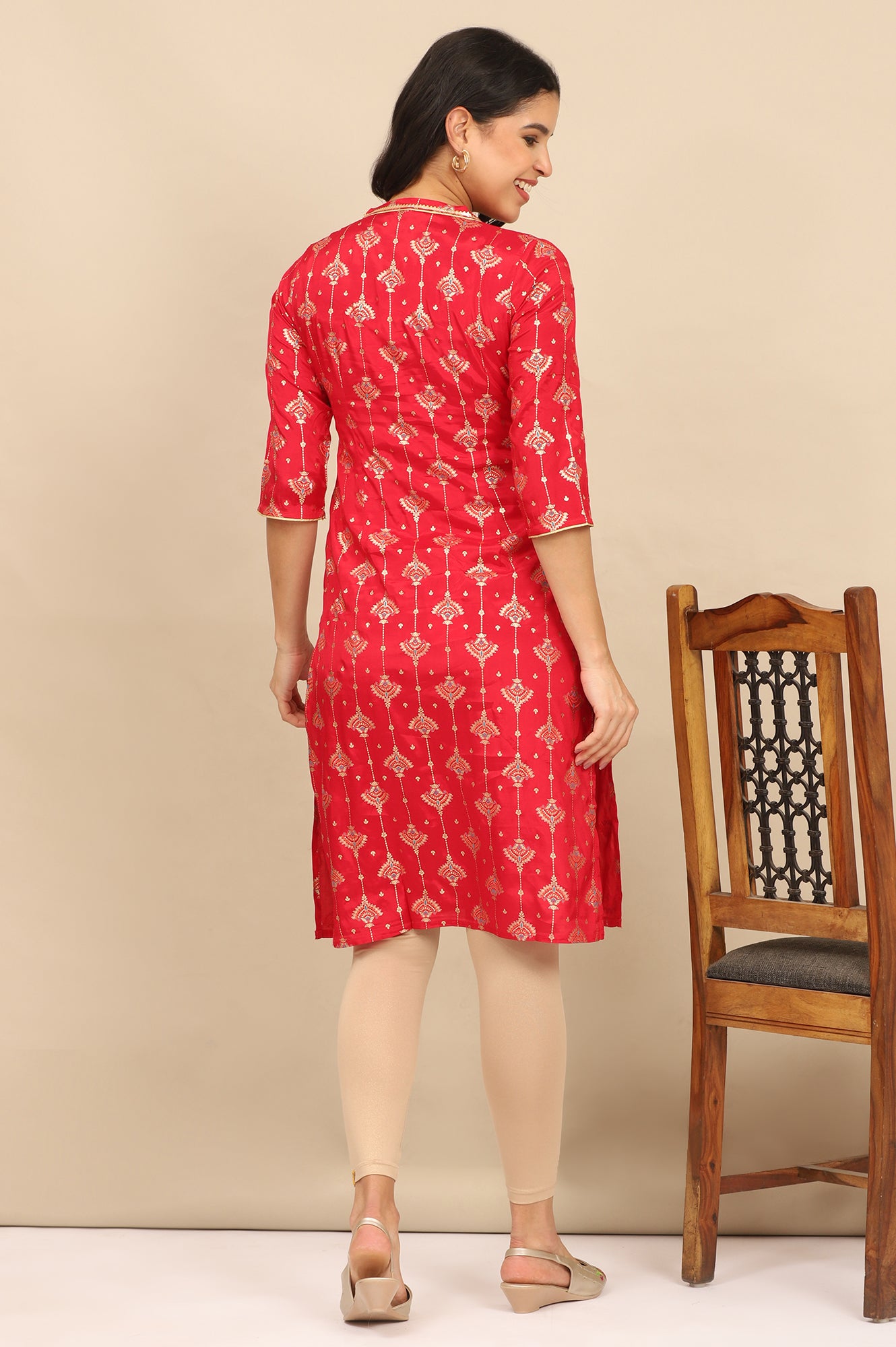 Red Foil Printed Lace Embellished Straight Kurta and Leggings Set