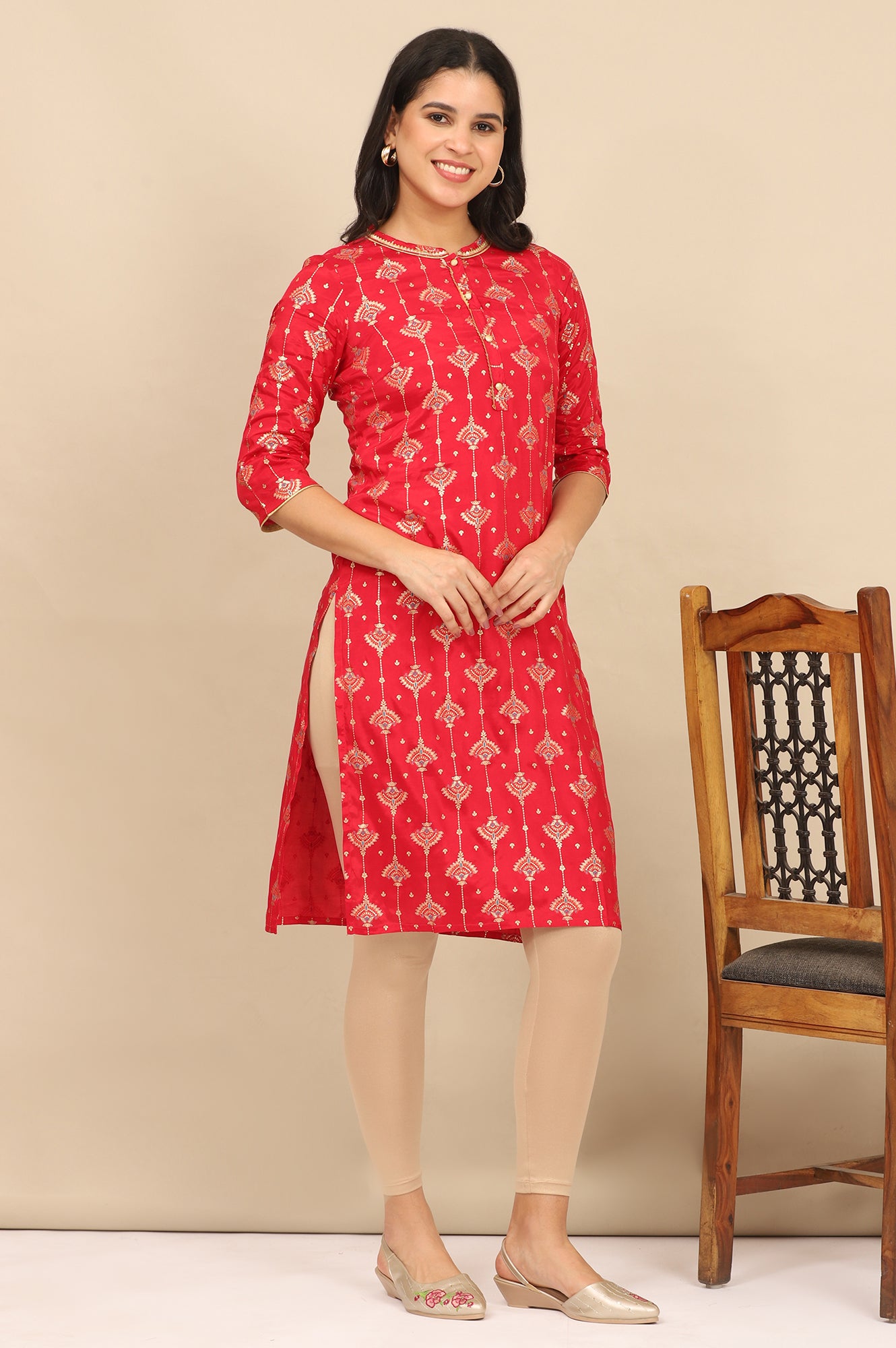 Red Foil Printed Lace Embellished Straight Kurta and Leggings Set