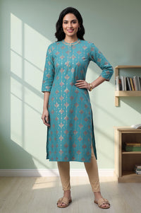 Teal Gold Printed Straight Kurta with Tights