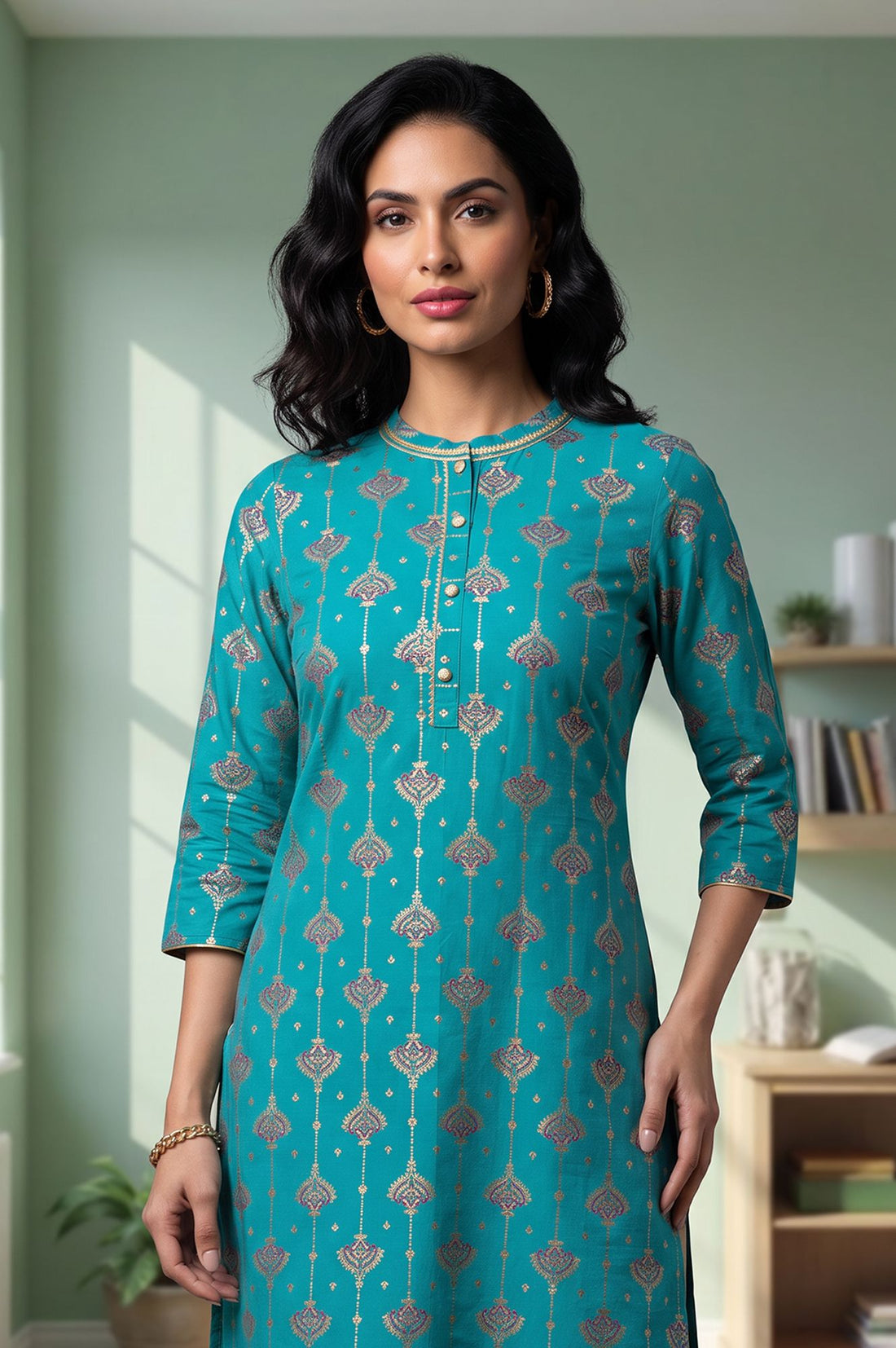 Teal Gold Printed Straight Kurta with Tights