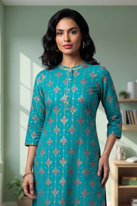 Teal Gold Printed Straight Kurta with Tights