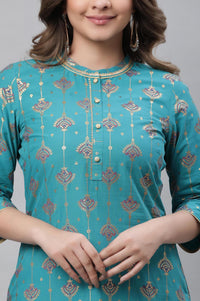 Teal Gold Printed Straight Kurta with Tights